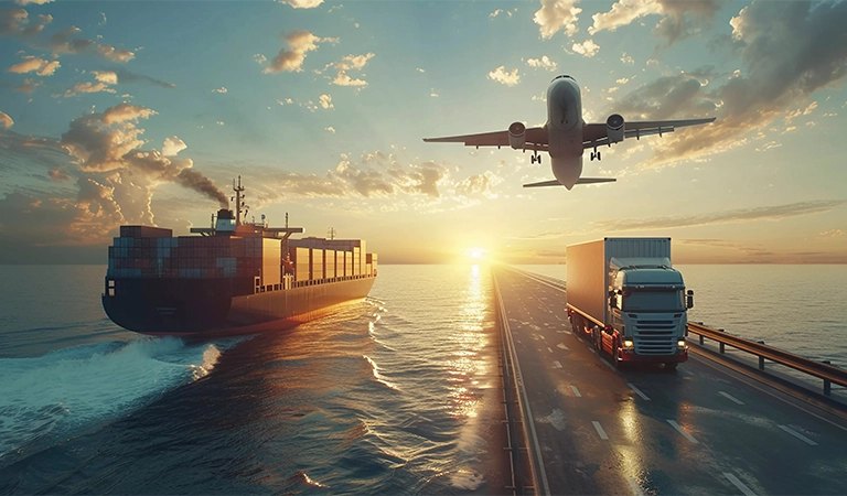 Transporte multimodal: buque, avión y camión de carga